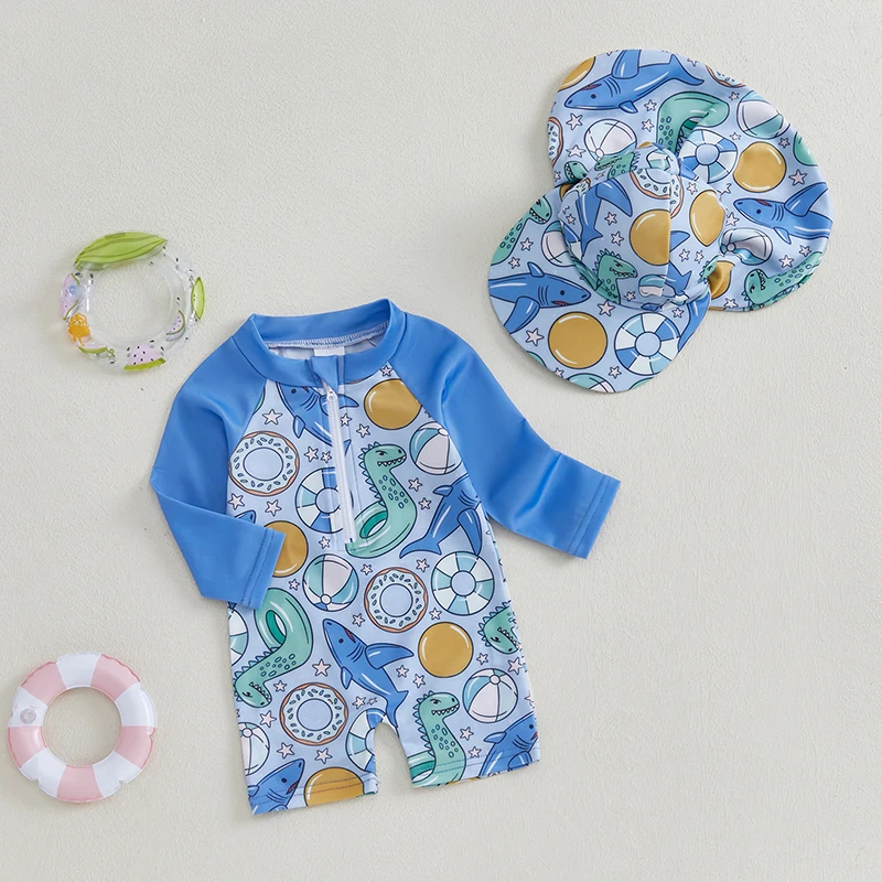 Toddler Boys Girls Rash Guard Swimsuit Playsuits Shark/Shell Print Zipper Long Sleeve Sun Protection Bathing Suit with Swim Cap