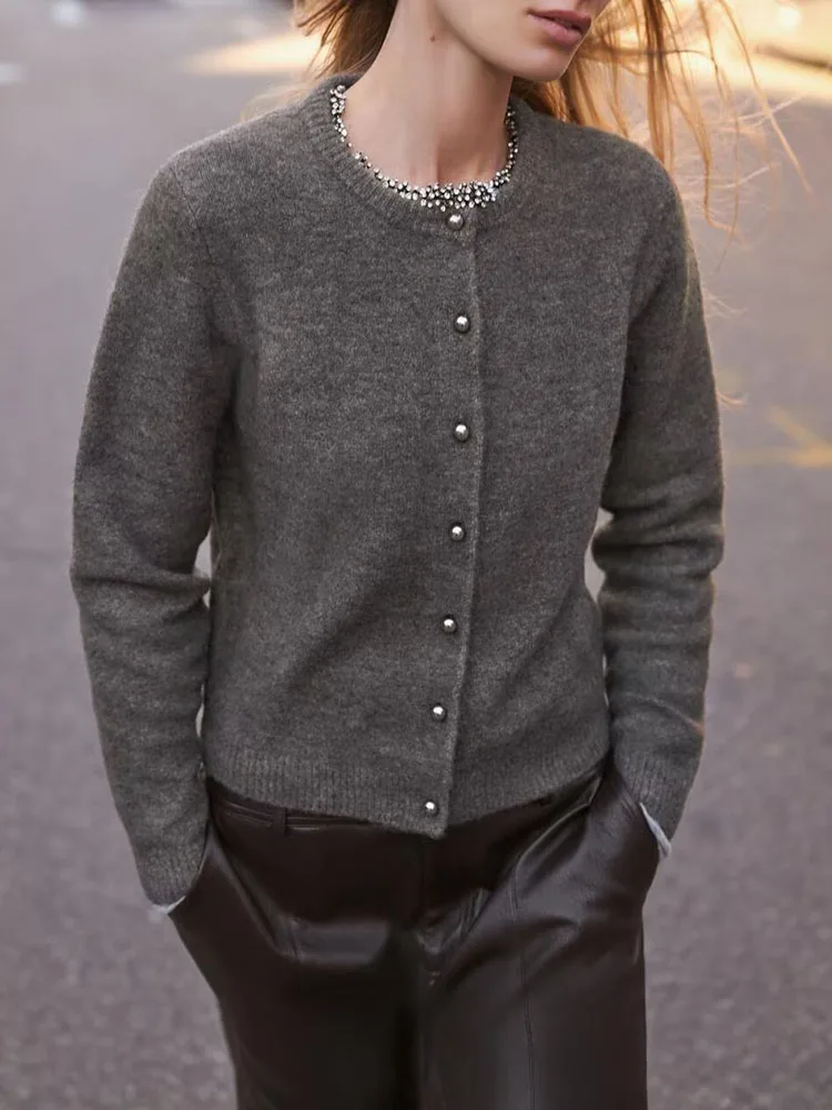 

Ele Knitted Outerwear for Women round Ne Long Sve Metal Button Decor Winter New Arrival Faionable Girl's Open Card...