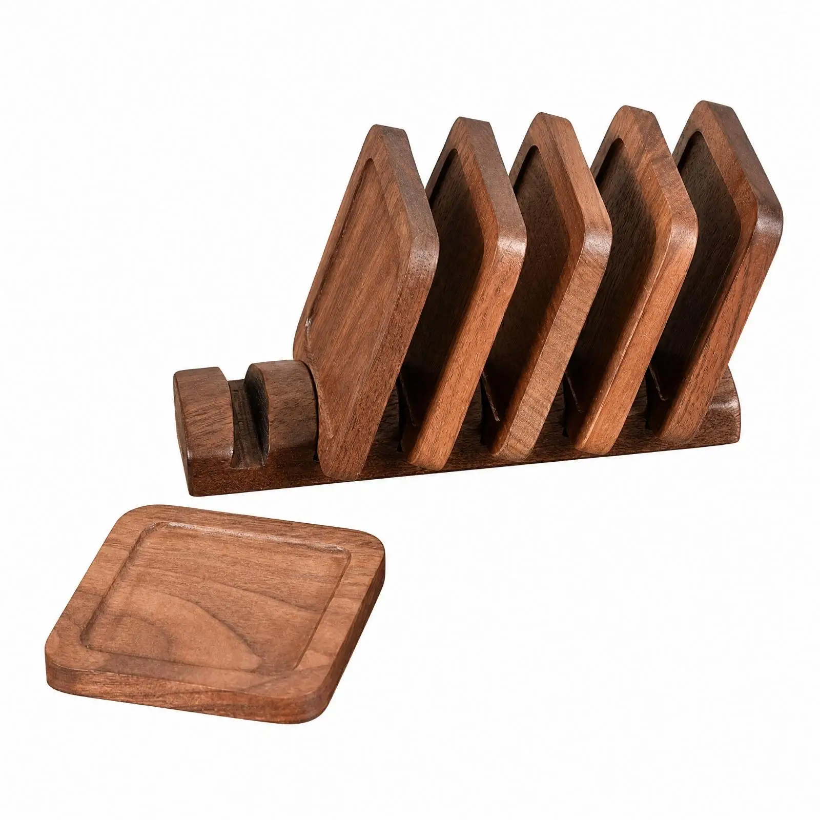 Handmade Walnut Wood Coasters for Drinks with Matching Organizer Stand for Living Room and Kitchen