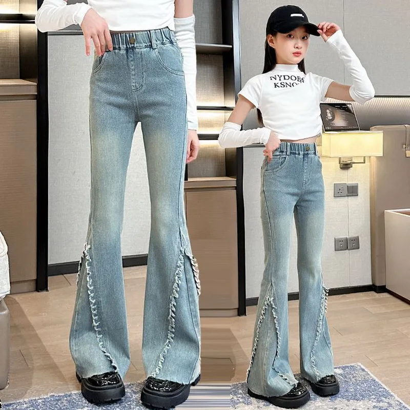 Cool Child Fashion Street Flare Jeans with Fringe For Girls Vintage Blue Boot Cut Denim Trousers Teenage Kids Casual Jeans Pants