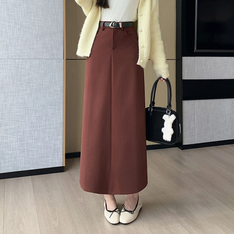 

New Autumn Winter Woolen Long Skirts Women Fashion High Waist Wool Straight Midi Skirt Korean Style Ladies Elegant Suit Skirts