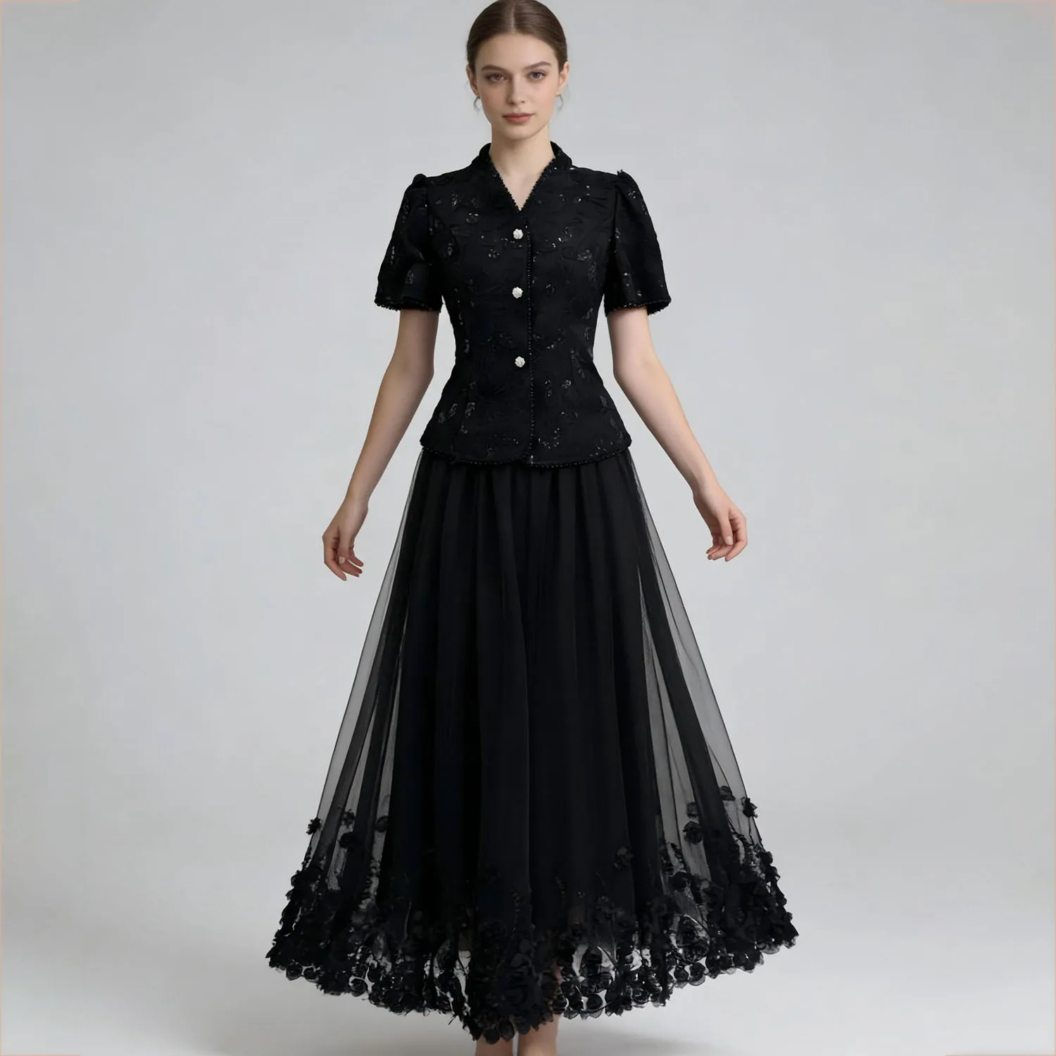 

LIMO Elegant Two-Piece Set Lace Embellished Short Sleeve Top & Tulle Maxi Skirt with Floral Hem - Formal Occasion Outfit