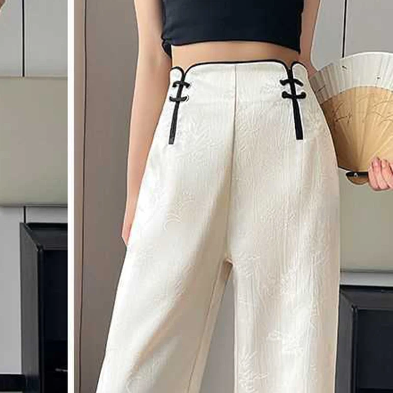 New Chinese  casual pants for women in summer, high waisted and slim Narrow straight leg pants length and wide legs