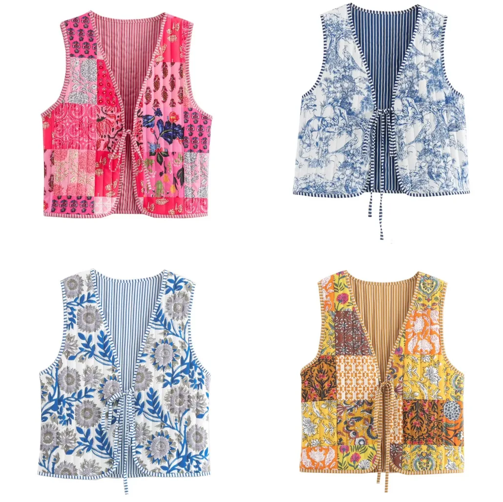 

Винтажный лоскутный жилет 2025 года, хлопковая куртка с завязками и шнуром для женской верхней одежды и многослойный жилет с v-образным вырезом в этническом стиле