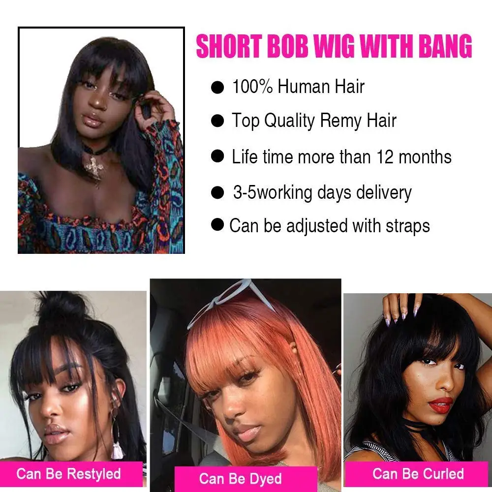 Straight Wig With Bangs Fringe Short Bob Human Hair Wig With Bangs For Women Brazilian Glueless Full Machine Made With Bangs