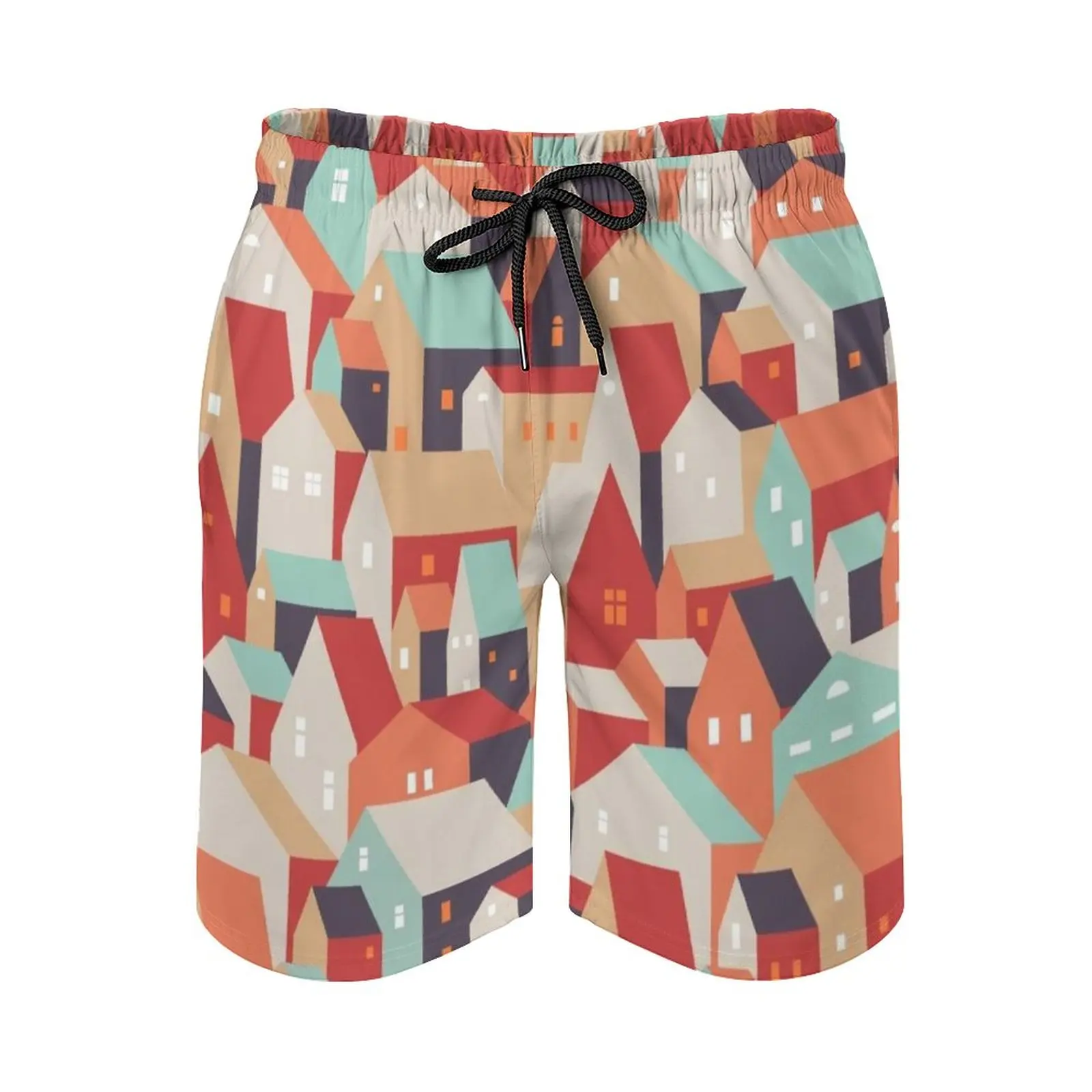 Little Town. Men's Sport Running Beach Shorts Trunk Pants With Mesh Lining Trunks Shorts Colorful Pattern House Town City Home