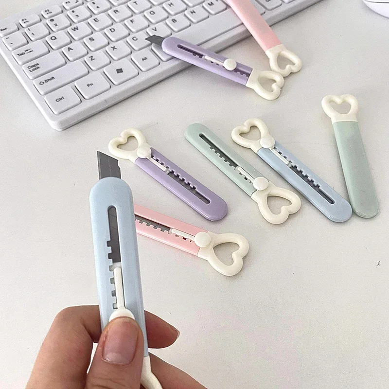 Kawaii Love Heart Utility Knife Paper Cutter Pocket Knife Safety Box Cutter Envelope Opener Refillable Blade Korean Stationery