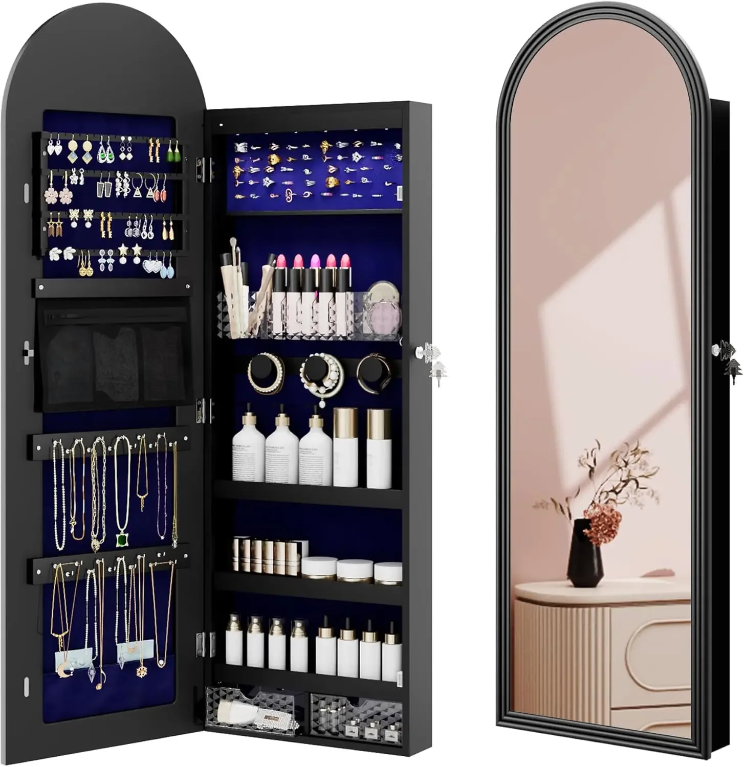 

Jewelry Cabinet Organizer with Mirror, 47 inch Lockable Full-Length Mirror Jewelry Armoire Hanging Door/Wall Mounted with 6 LEDS