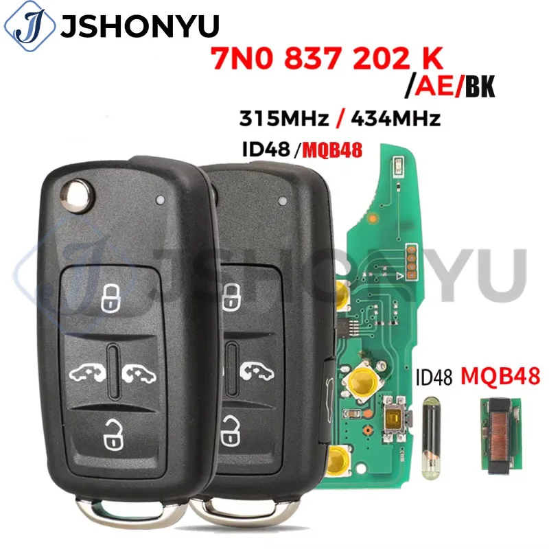 

JsHonYu 7N0837202K 5K0837202AD Remote Car Key for VW Sharan Multivan Caravelle 315/434MHz ID48 MQB Non-Keyless Go Fob
