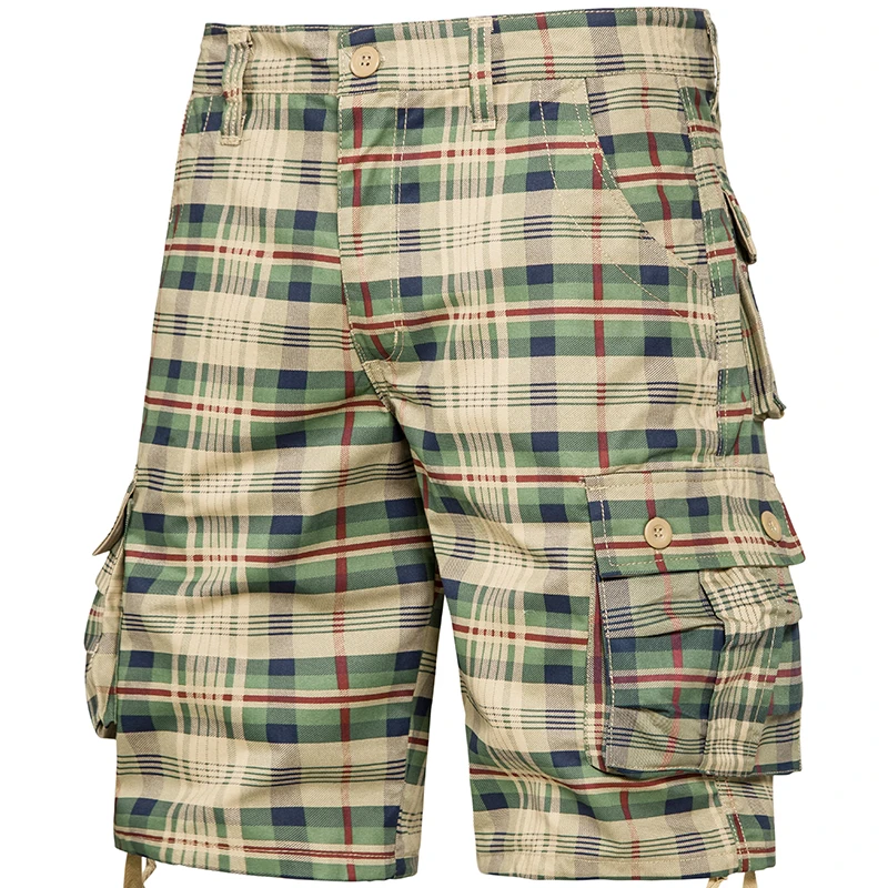 Short cargo à carreaux pour homme, pantalon au genou, coton, mince, décontracté, sport, poche utilitaire, grande taille, culotte de bain droite, été