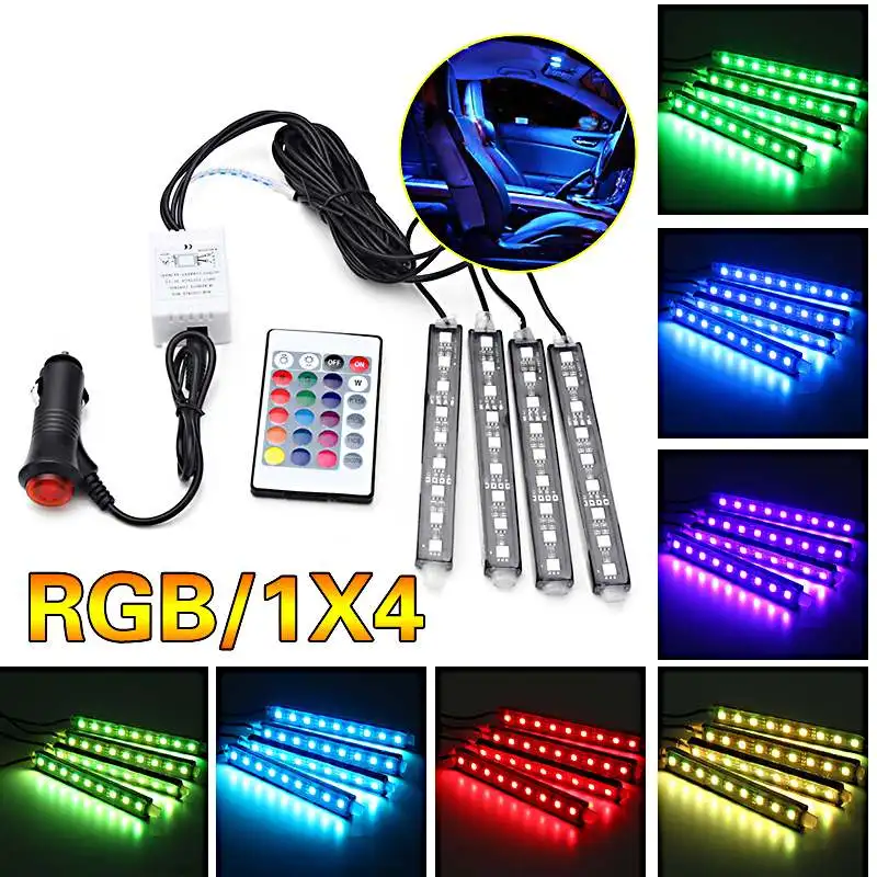 Led Car Interior Foot Light Cigarette Lighter Rgb Remote Control Backlight Lighting Auto Decorative Ambient Atmosphere Lights