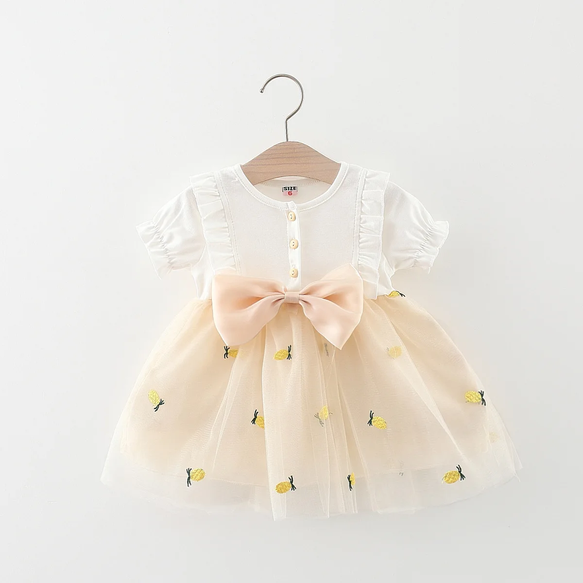 Baby Girl Summer Fashion Pineapple Embroidered Mesh Bow Bubble Sleeve Dress Girl Korean Fashion Party Dress