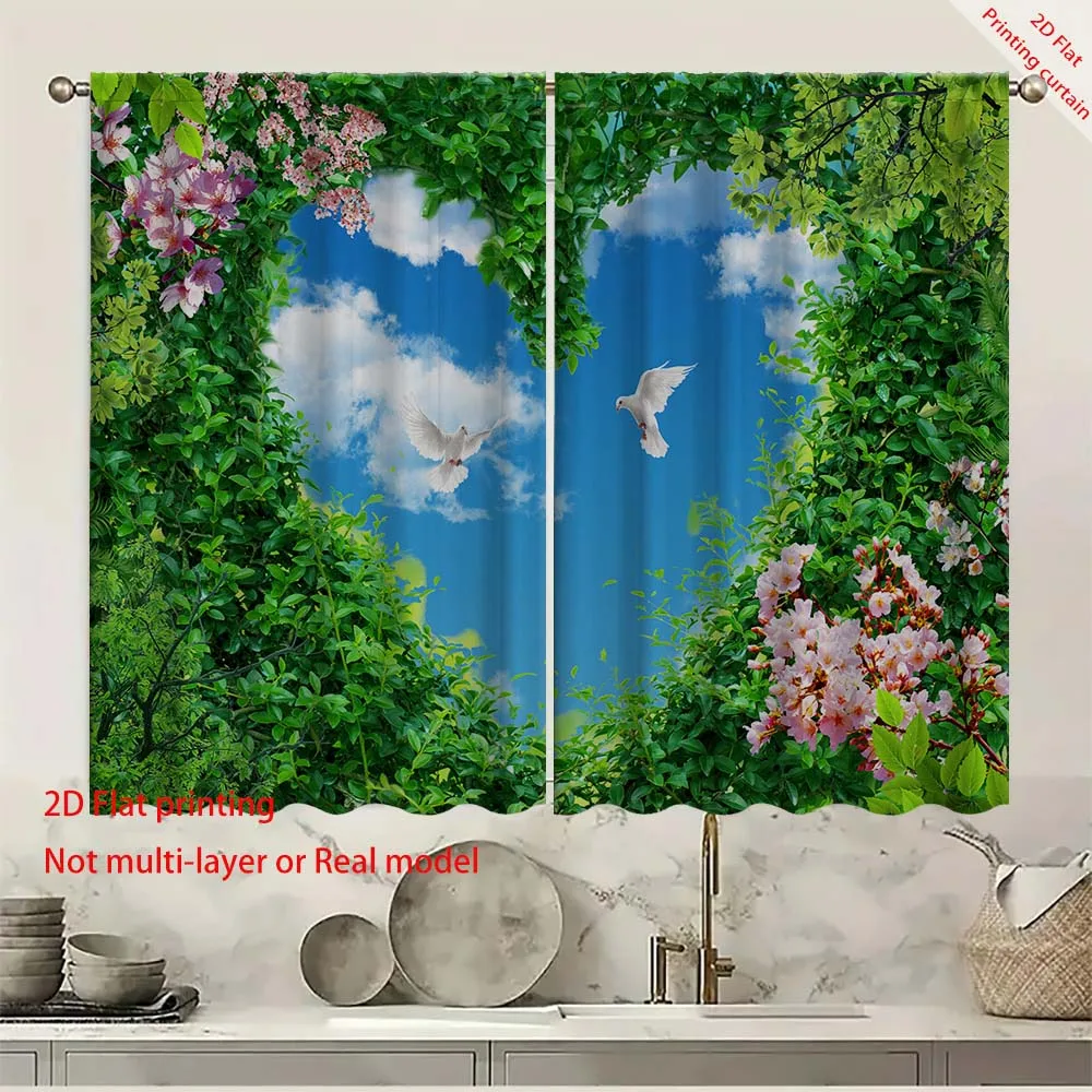 Green plants, flowers, fresh style curtains, home decorations, dreamy wings, swan patterns, dormitory and study sunshades