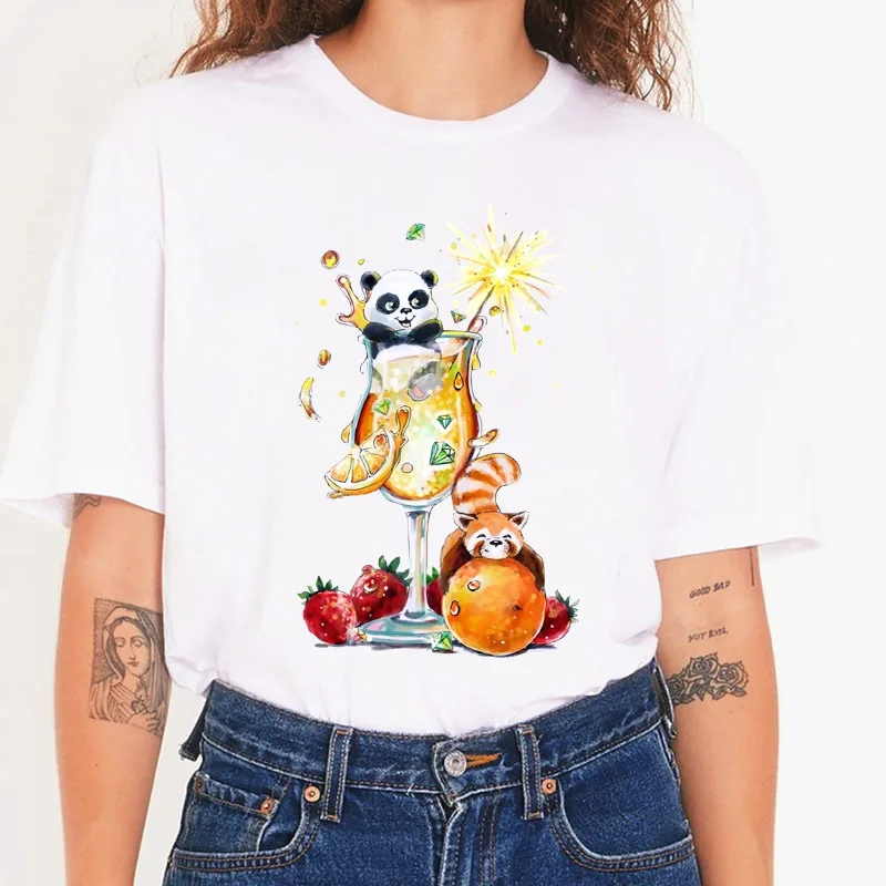 Personality Panda Raccoon Drink Print T-shirt Female Niche Style Sweet Cool Streetwear Aesthetic Clothes  Tops  Women Clothing