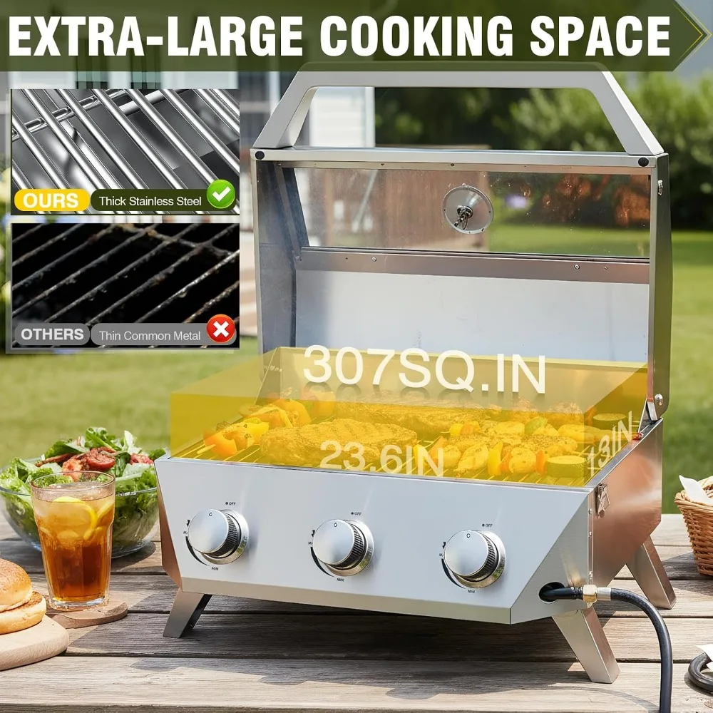 D123-Burner Tabletop Gas Grill With Viewing Glass, 30,000 BTU Portable Propane BBQ Grill For Outdoor Cooking