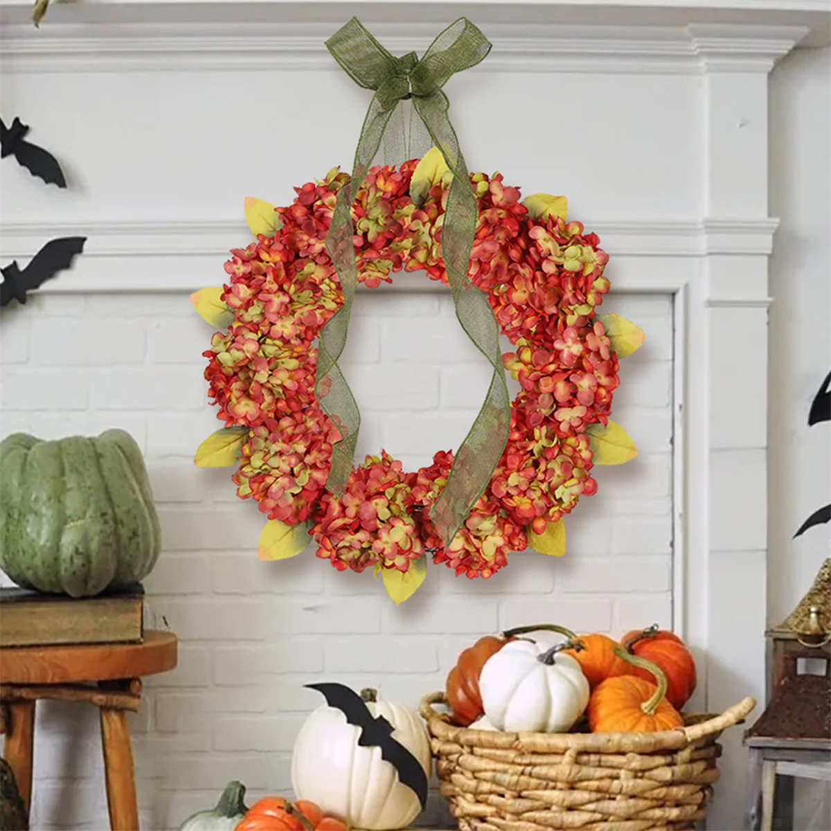 45cm/17.72in Thanksgiving Wreath Fall Hydrangea Bowknot Decoration Flower Garland Wreath Thanksgiving Front Door Home Decor