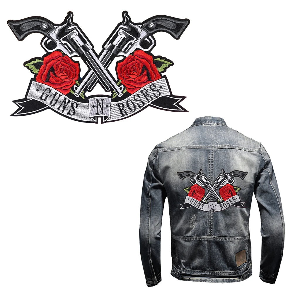 Punk Double Guns Roses Skull Iron On Embroidery Patches Biker Stickers Clothes Embroidery Jacket Motorcycle Backpack Big Patches