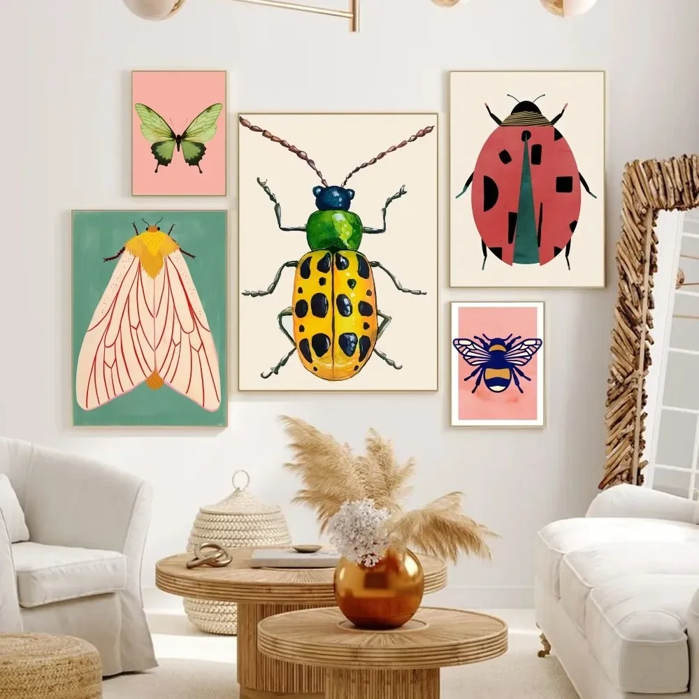 1pc frameless Butterfly Mural Vintage Ladybug Tiger Moth Beetle Wall Art, HD Canvas Print Poster, Home, Living Room, Room Decor
