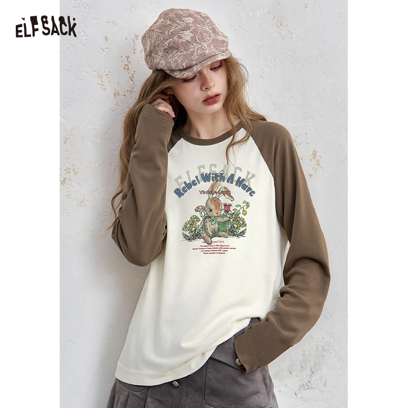 

ELFSACK 2025 Autumn New Arrivals Casual Print Color Block Raglan Long Sleeve Tee Streetwear Top For Women
