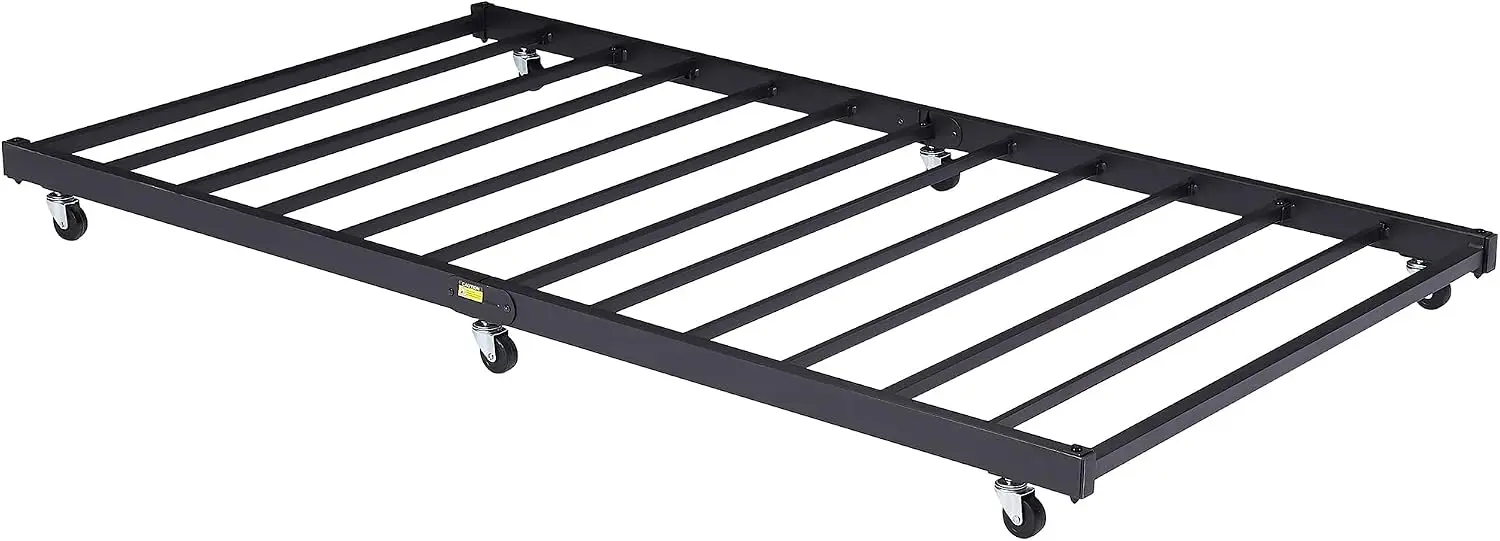 Twin Trundle Bed Frame Only/Roll Out/Enhanced & Up-Graded Metal Slats with Lockable Casters, Classic Black
