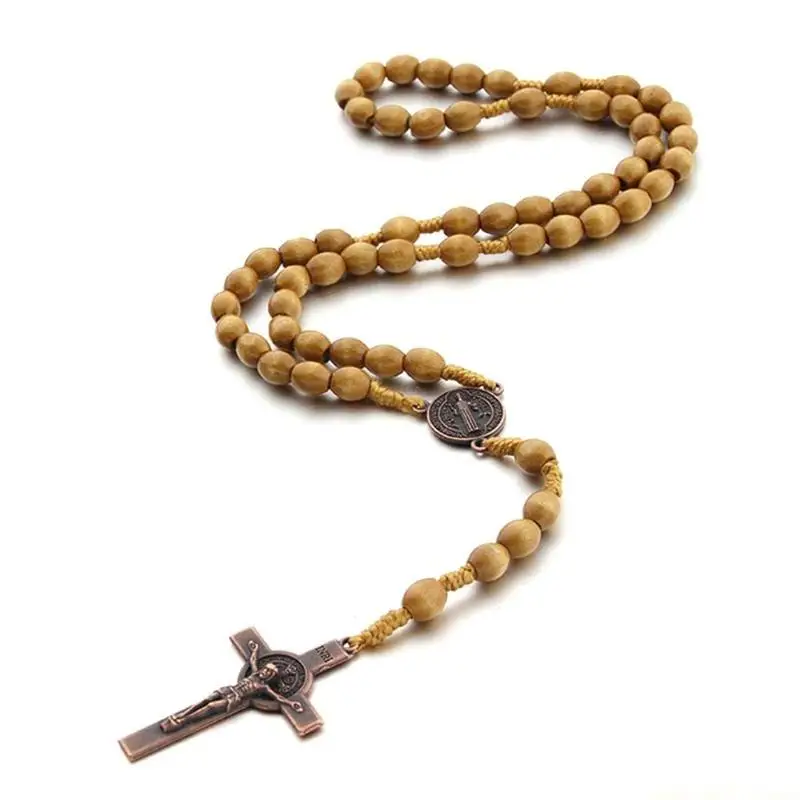 QX2E Handmade Weave Benedict Antique Wooden Rosary for Cross Necklace Vintage Catholic Religious Jesus Necklace