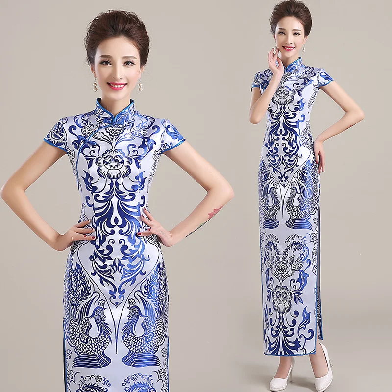 Chinese Evening Dress Cheongsam Women Blue And White Porcelain Pattern Retro Party Qipao Chinese Traditional Eleganti Slim Long