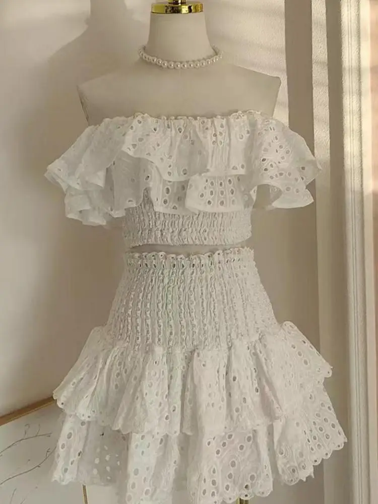 

2024 Summer Boho Two Piece Set Women Embroidery Patchwork Hollow Out Off Shoulder Ruffled Tops And High Waist Pleated Mini Skirt