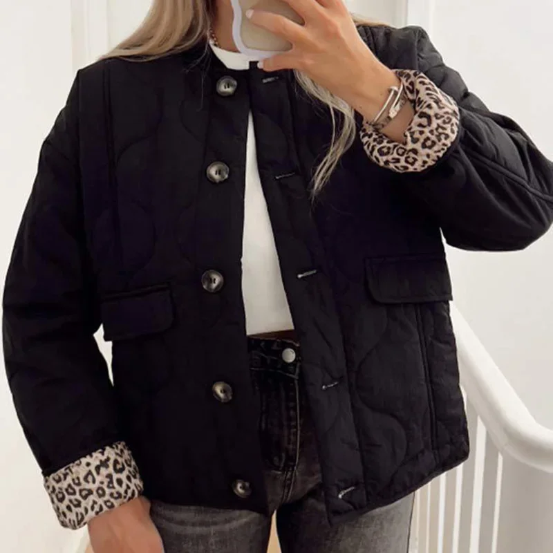 Leopard Print Lining Cotton Jacket Women Elegant Solid Single Breasted O Neck Pocket Coat Lady Autumn Winter Quilted Outwear