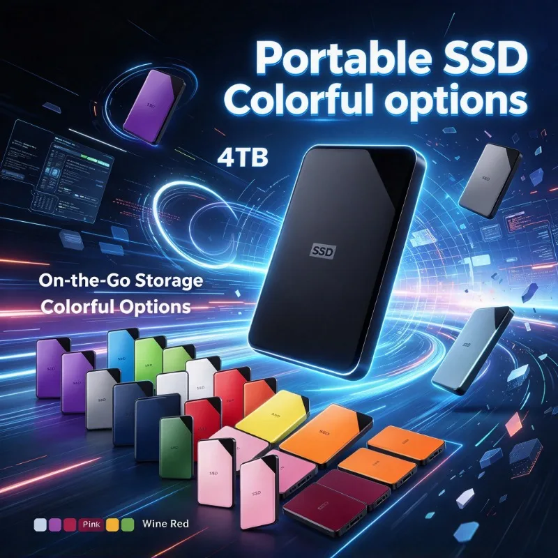 SSD externo portátil de 4 TB, com superfície brilhante, unidade de estado sólido, disponível em várias cores, disco de armazenamento de alta velocidade para portátil, PC, telemóvel e tablet.