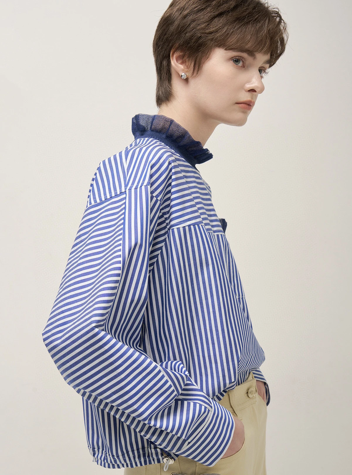 

Fre Sle Striped irt Stand Collar Patchwork Korean Version Cotton Long Sve Women's Busin Casual irt Spring 2025