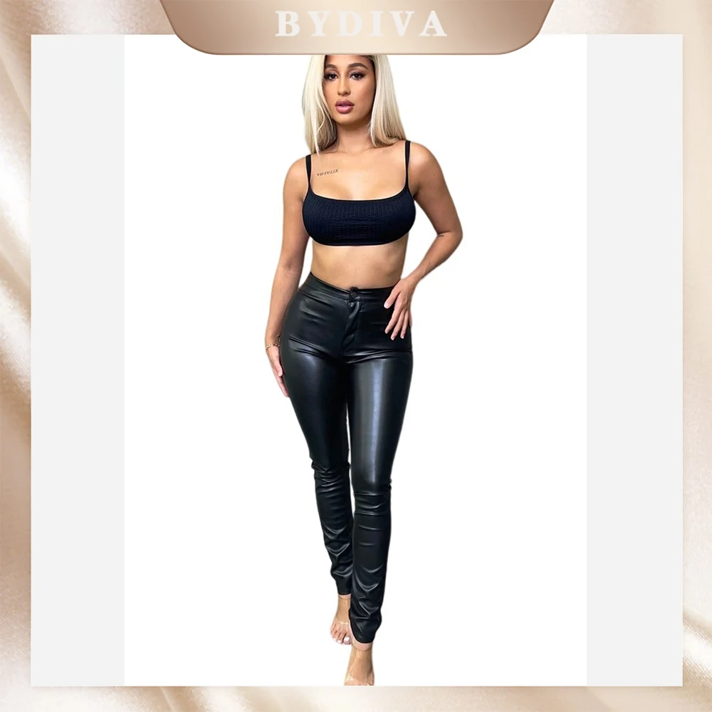 Bydiva Skinny Pu Leather Club Outfits Sexy Vrouwen Party High Street Leer Toevallige Comfortabele Broek