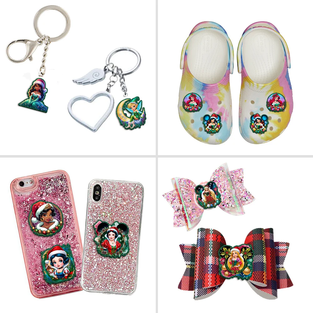 Tema de Feliz Navidad, princesa de dibujos animados de Disney, Color brillante, acrílico, parte posterior plana para insignia, lazo para el pelo, llavero, carrete Clip