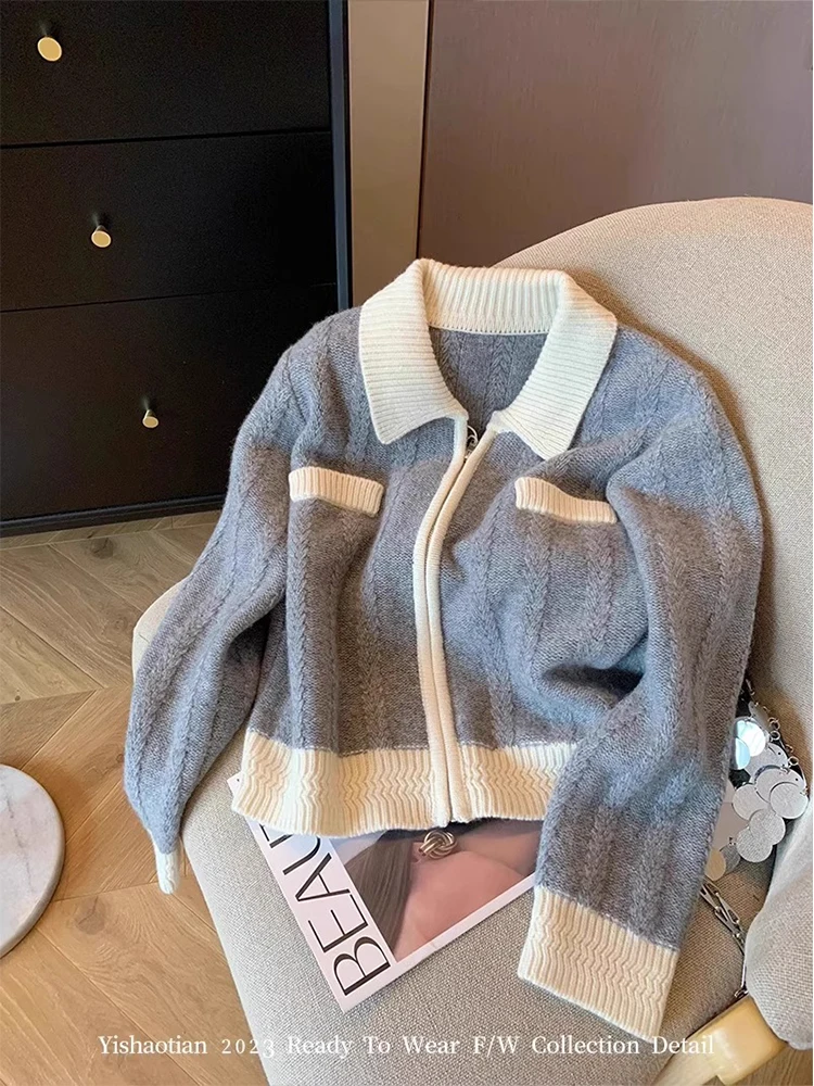 Autumn Winter Woman Vintage Contrast Color Cardigan Sweater Korean Old Money Jumper Long Sleeve Knitwears Jacket 2000s Aesthetic