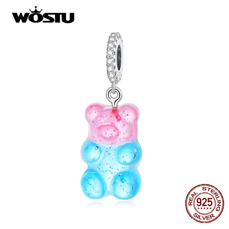 WOSTU 925 Sterling Silver Lovely Bear Charm Pink Blue Cute Bead Resin Pendant Fit Original Bracelet For Women Jewelry CQC2221