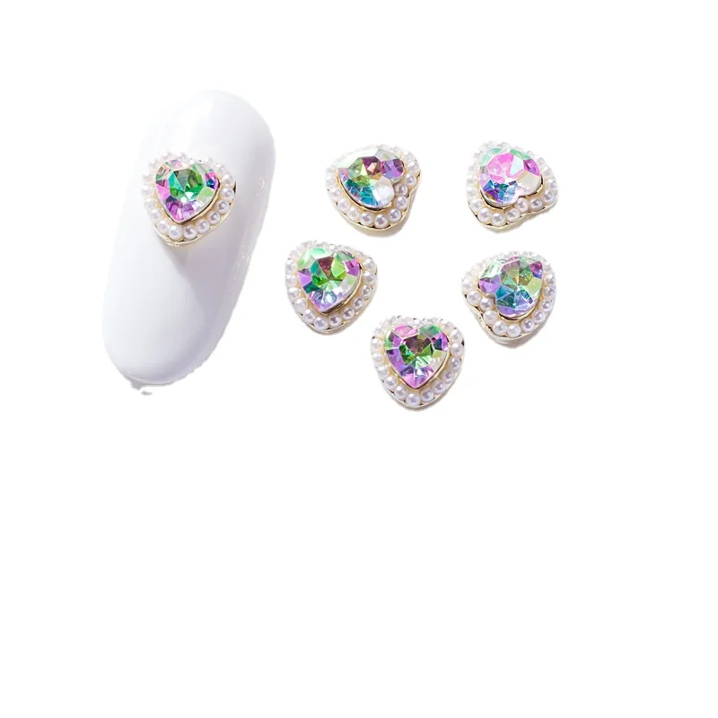 Dijes de diseño de perlas para uñas, 10 piezas, joyería de 7,5x8mm, diseño de uñas de corazón, diamantes de imitación para suministros de manicura, decoración de uñas