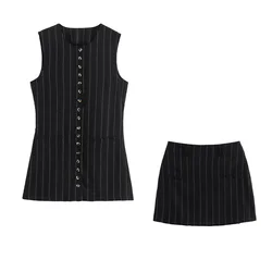 PB&ZA2024 Autumn New Women's Fashion Style Commuter Versatile Black Stripe Tank Top High Waist Half Skirt Set