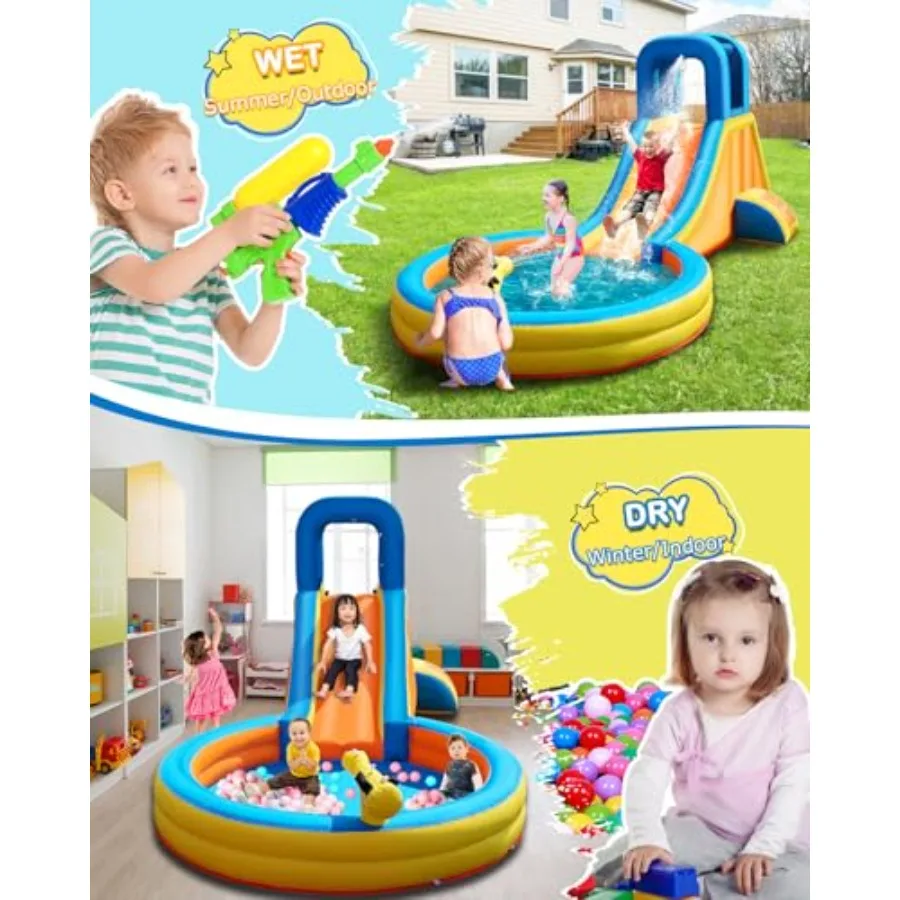 Inflatable Water Slide for 5-in-1 Blow Up Bounce House with Long Slide Climbing Wall Splash Pool Water Cannon Spray Spout Backy view 6
