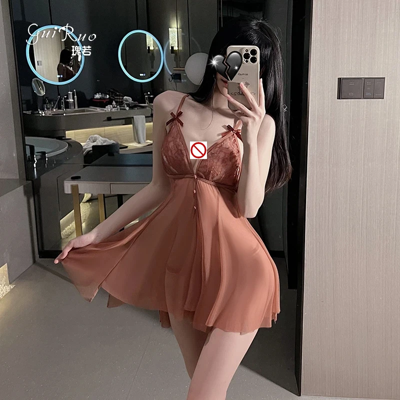 

Женское кружевное платье-комбинация Guiruo с глубоким V-образным вырезом, без спинки, на тонких бретелях, из прозрачной сетки, ночная сорочка, будуарный комплект для сна, модель 1639