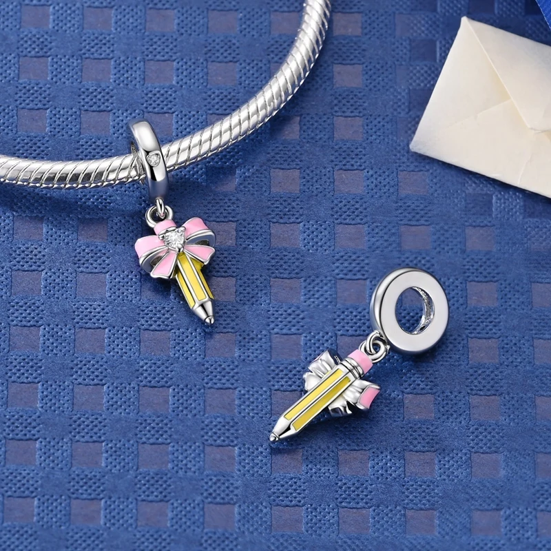 Silver 925 Graduation Season Series Pink Bow Pencil Pendant Charms Beads Fit Bracelet DIY Jewelry Gift for Women