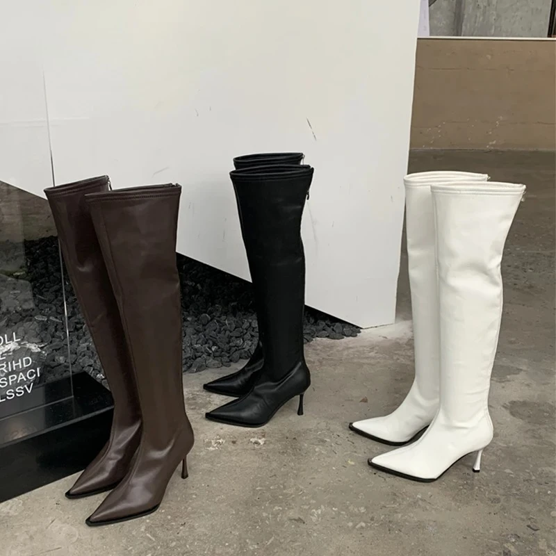 アネイケホワイトシンヒールロング太ももハイファッションポインテッドトゥジップスティレットオーバーニーブーツレディースシューズサパトスムヘール