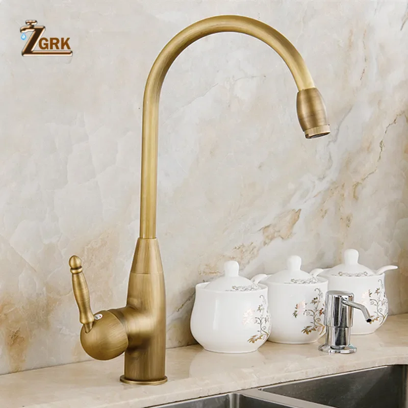 ZGRK Kitchen Faucets Deck Mounted Vessel Sink Mixer Tap 360 Degree Crane Antique Brass Kitchen Faucet Rotation Spray Mixer Tap