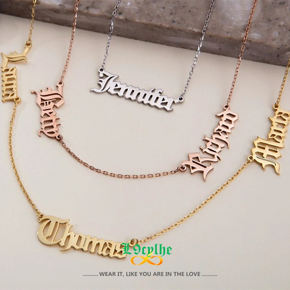 1-4 Family Name Necklace Personalized Jewelry Customized Multiple Name Necklaces Old English Gold Filled Choker