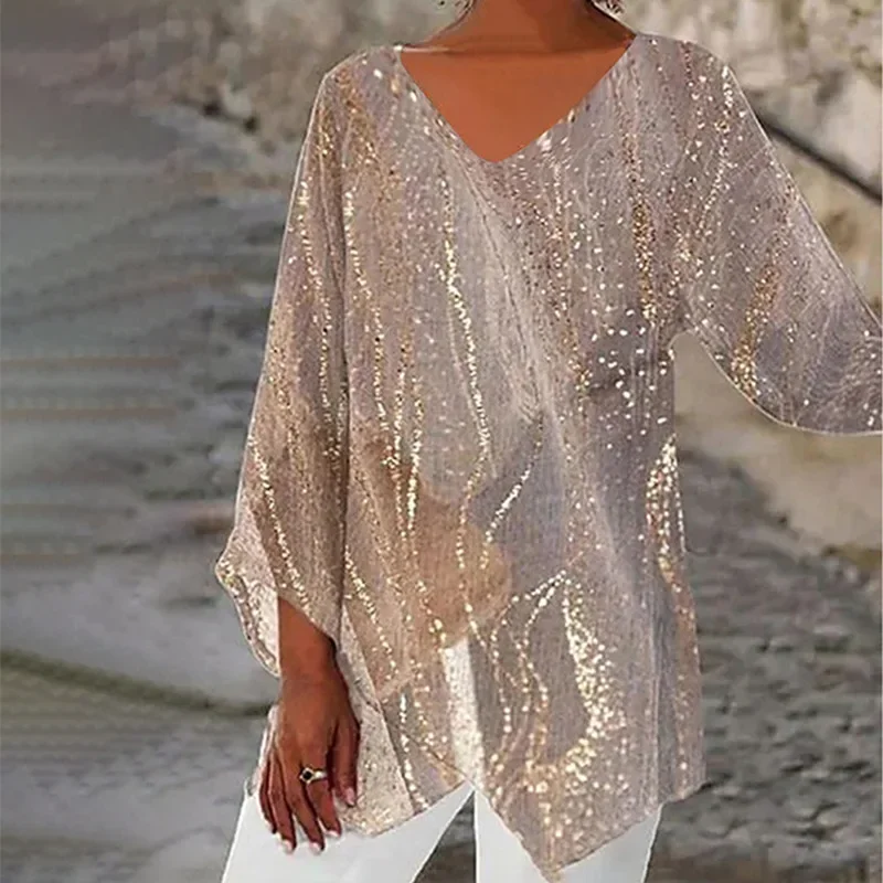 European and American women's 2024 spring new T-shirt casual loose irregular printed long sleeved V-neck top women YBF24-3