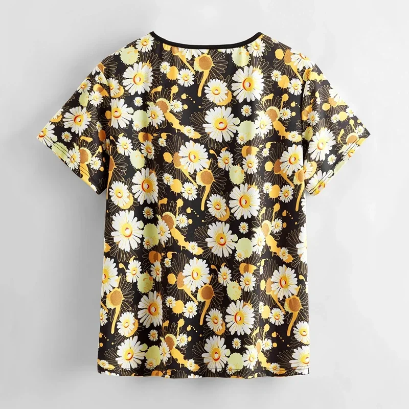 T-shirt de manga curta com estampa floral feminina, top elegante com bolso frontal, tamanho grande 6xl e 7xl, moda verão