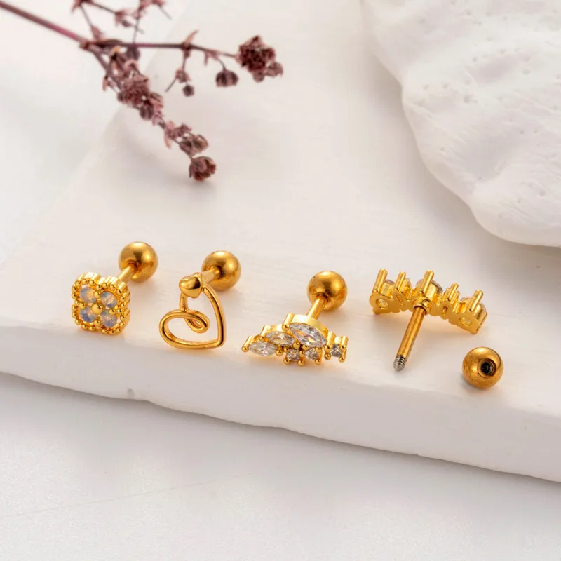 1PC Fashion Hollow Heart Flower Star Cartilage Earrings Ear Lobe Helix Back Stud Earrings For Girls Women Screw Piercing Jewelry