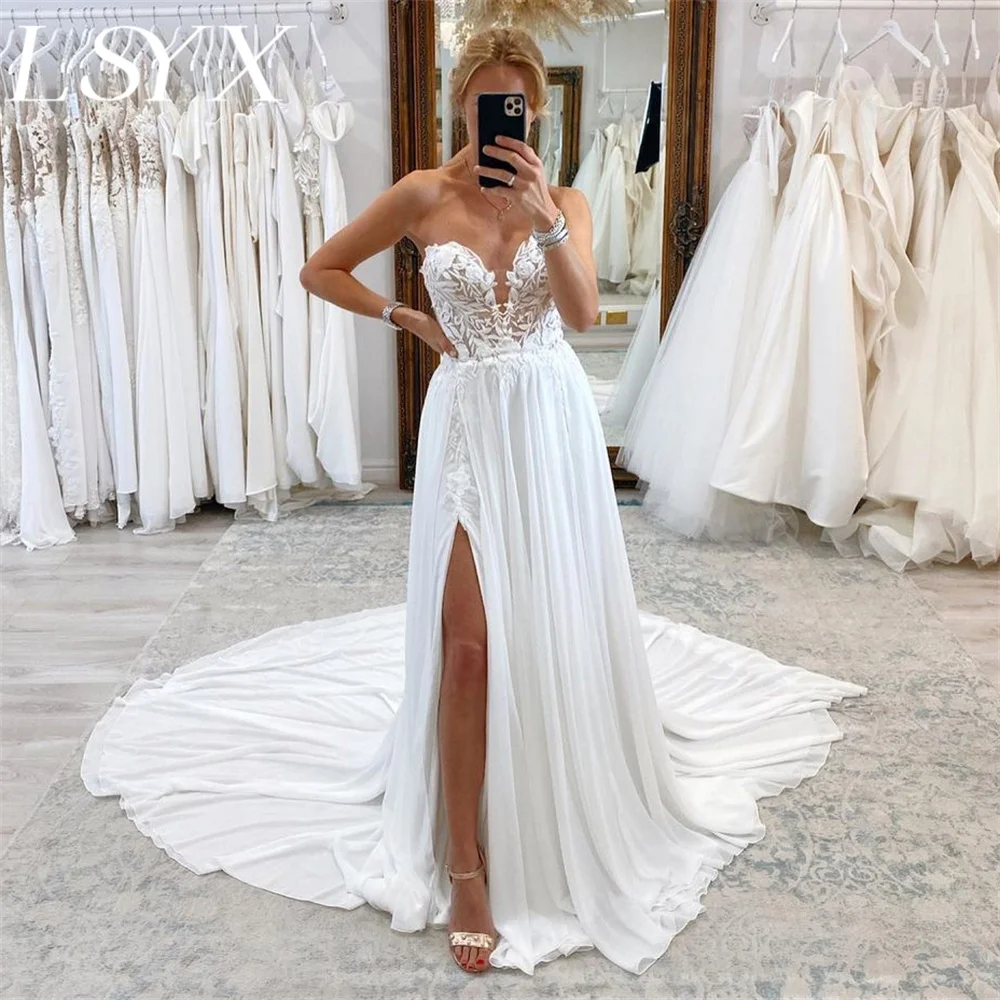 LSYX  Customized Sweetheart Sleeveless Strapless Appliques A-Line Chiffon Wedding Dress Open Back High Side Slit Bridal Gown