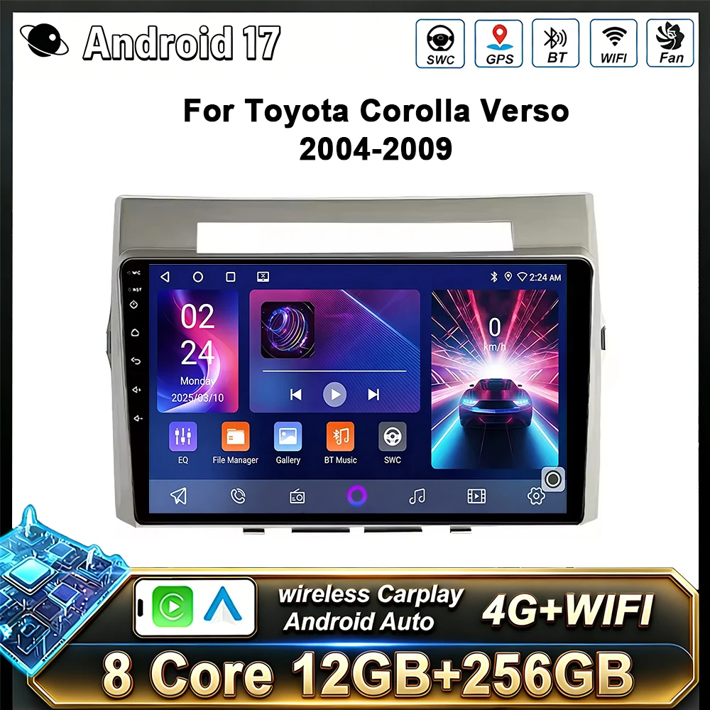 Radio para Auto Android 17 para Toyota Corolla Verso 2004-2009, Reproductor Multimedia con GPS, Video, Carplay, Navegación, Estéreo, Autoradio