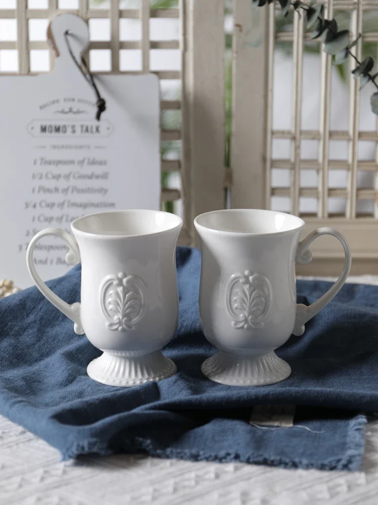Retro Pure White European Ceramic Mugs Embossed  Feng Shui Afternoon Tea Home Use Women's Breakfast Cup Single Ear Handle