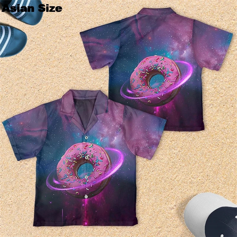 New 2025 Donut Graphic Beach Shirt Casual Food Beach Shirt Cartoon Snack Long Sleeve Blouses Doughnut Lapel Blouse Dessert Tops