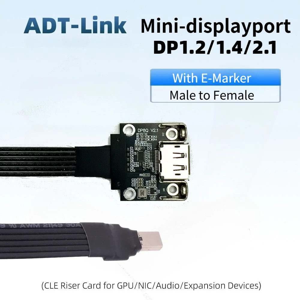 ADT Mini Displayport Male Female Flat Ribbon Adapter Cable Shielded DP 2.1 1.4 To Mini-DP Extension w Chip For PC GPU Extension